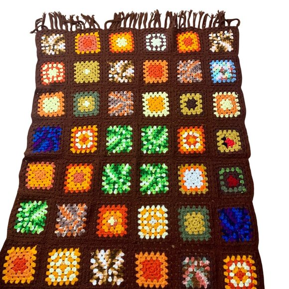 VTG Handmade Granny Square Crochet Afghan Throw Blanket Boho w/ Tassels FLAW - Picture 1 of 5